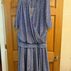 Vtg Whispers Drop Waist Floral Pleated Peplum Dress Size Blue White Women’s 18W